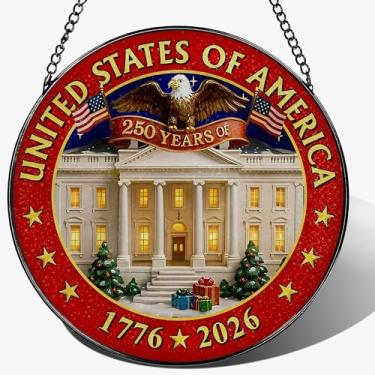 Imagem de Captador solar de vitral 250 Years of America, pendurado e decoração de vitrais, enfeite de aniversário de 250 anos dos EUA 1776-2026, ornamento patriótico, presente do Dia da Independência Americana