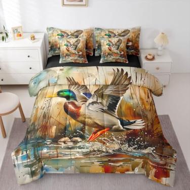 Imagem de Erosebridal Jogo de cama King com estampa de patos selvagens e salpicos de água Mallards 7 peças, para adolescentes, homens e mulheres