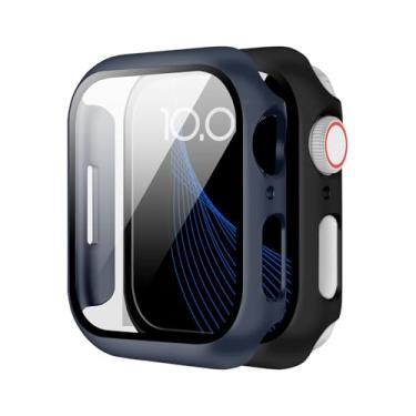 Imagem de (Pacote com 2) compatível com Apple Watch séries 10/9/8/7/6/5/4, com um protetor de tela de vidro temperado e uma capa rígida de PC para proteção total. (preto + azul, 41 mm)