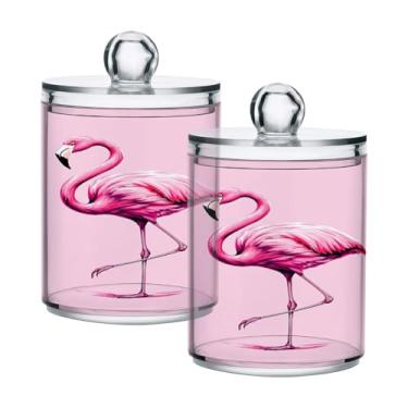 Imagem de Qilmy Qtip Suporte de 400 ml, frasco de armazenamento de boticário de plástico transparente Flamingo com tampa, dispensador de recipiente de banheiro para bola de algodão, cotonete, fio dental, pacote