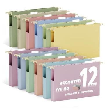 Imagem de Ansook Pastas de arquivo suspensas tamanho legal, capacidade extra, pastas de arquivo expansíveis de 2,5 cm com abas, pacote com 12 pastas de plástico pastel para arquivo, organizador de arquivos de