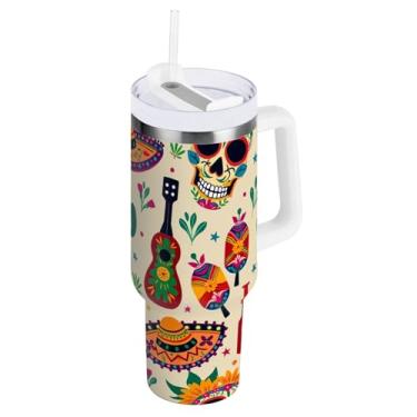 Imagem de ODAWA Garrafa de água grande com isolamento bege de cacto Fiesta com alça e tampa de palha, copos de aço inoxidável com tampa 2 em 1