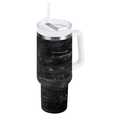 Imagem de ODAWA Copo isolado de parede dupla de 850 g, copo isolado a vácuo de aço inoxidável com textura de madeira preta rústica com canudo e alça