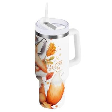 Imagem de ODAWA Copo isolado a vácuo grande com alça e tampa de palha, copo com isolamento de outono raposa