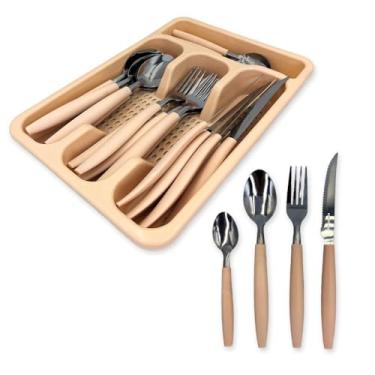 Imagem de Jogo de Talheres 24 Peças com Porta Talheres de Gaveta, Inox e Polipropileno, Inclui 6 Facas 6 Garfos 6 Colheres 6 Colheres de Chá