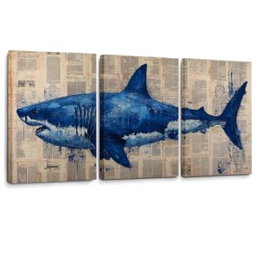 Imagem de Arte de parede de tubarão em tela de 3 peças - Pintura abstrata do oceano azul, decoração náutica costeira moderna para sala de estar, quarto, escritório - Arte de tríptico para homem caverna e