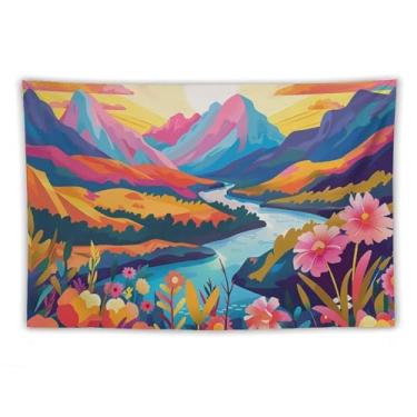 Imagem de Cacto turquesa em paisagem de deserto laranja tapeçaria de parede decoração rústica ocidental arte do deserto para sala de estar quarto dormitório estilo country pendurado acento quente cena ao ar