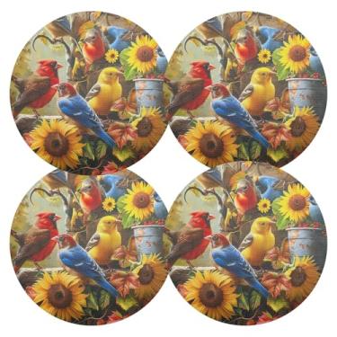 Imagem de Conjunto de 4 tapetes de mesa de cozinha para jardim de outono e pássaros laváveis para cozinha, mesa de jantar, 38 cm, tapetes de mesa redondos de PVC para ambientes internos
