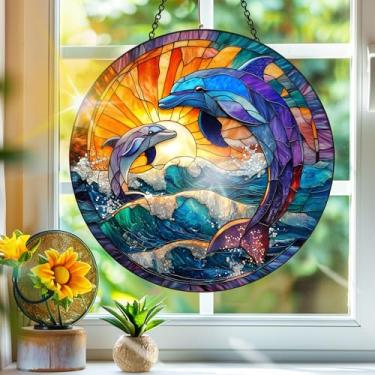 Imagem de Acrílico colorido, apanhador de sol, decoração de janela suspensa de golfinho, arte de parede de arco-íris, para varanda, interior e exterior, jardim, enfeites de Natal, decoração 19 x 19 cm, CH#40