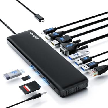 Imagem de WAVLINK USB-C 3 monitores, base HDMI DP, VGA, 100 W PD, USB3.0e 2.0, RJ45, ranhura SD/TF, microfone de áudio, para Lenovo/HP/Dell, etc. - Preto