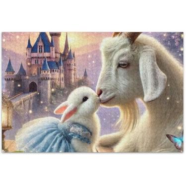 Imagem de Cabra coelho beijo animal quebra-cabeça 500 peças cenário adulto arte floral quebra-cabeça colorido amigos família jogos presentes, 51 x 35 centímetros