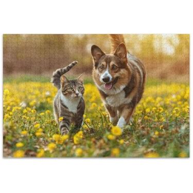 Imagem de Quebra-cabeça de cachorro e gato andando no prado estoque 1000 peças para adultos presentes de festa elefante branco quebra-cabeças grandes quebra-cabeça artístico