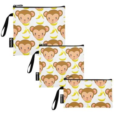 Imagem de TSENQUE Lindos desenhos animados macaco bananas reutilizáveis sanduíche e lanche sacos de almoço de segurança alimentar laváveis para estudantes (pacote com 3: P/M/G)