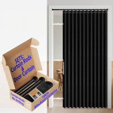 Imagem de Cortina de porta magnética AJAZZ 100% blackout plissada para porta dobrável invisível aplicável quarto quarto sala de estar porta (1 pacote, 137 L x 198 C, preto + varão)