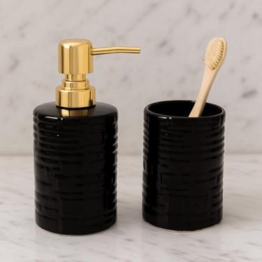 Imagem de Kit Lavabo 2 Pçs Porta Sabonete Líquido Dispenser Sabonete Escova Cerâmica Preto