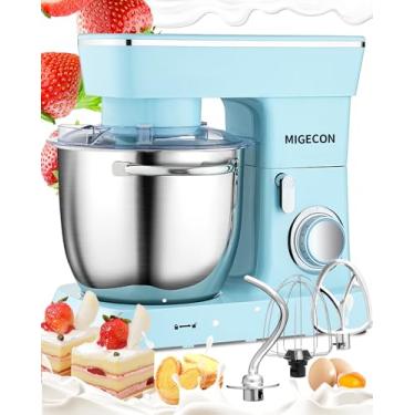 Imagem de MIGECON Batedeira, batedeira elétrica de alimentos, gancho de massa, acessórios de batedor plano, protetor contra respingos 10 velocidades com batedor, 5,26 QT azul