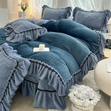 Imagem de Conjunto de cama de inverno em veludo de leite entalhado com babados, saia de cama, capa de edredom grossa e quente, azul, tamanho king (220x240cm).