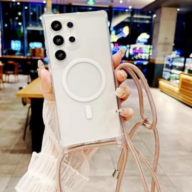 Imagem de Capa de acrílico à prova de choque com alça para Samsung Galaxy S25 Ultra, S23, S24 Plus, S25 Plus, tira transversal, magnética, sem fio, transparente, ouro rosa, para S24 Ultra