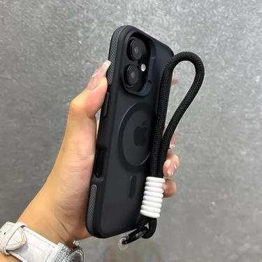Imagem de Capa luxuosa fosca com cordão para iPhone 16, 15, 14, 13, 12, 11 Pro Max Plus, com alça de pulso magnética e carregamento sem fio, preta, para iPhone 16 Plus