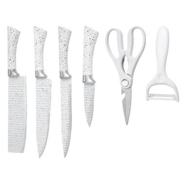 Imagem de Conjunto de Facas de Cozinha com Padrão Granito, 6 Peças, Lâminas em Aço Inoxidável, Cabo Branco, Inclui Tesoura e Descascador (white)