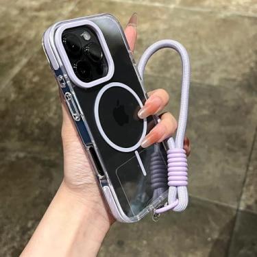 Imagem de Capa magnética transparente com alça de pulso para iPhone 14, 15, 16 Plus, 11, 12, 13, 16 Pro Max, capa protetora transparente à prova de choque, roxa, para iPhone 14 Pro