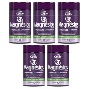 Imagem de Kit Com 5 Magnésio Malato Triplo (Malato, Quelato e Cloreto de Magnésio P.A) 60 Caps Celliv