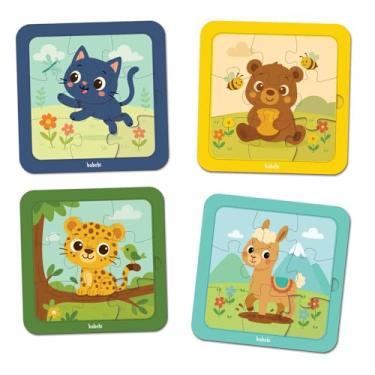 Imagem de Kit com 4 Quebra Cabeças de Madeira MDF | BABEBI | Brinquedo Educativo | Animais | Infantil | Bêbe | Didático e Seguro (GATO URSO ONÇA LHAMA)