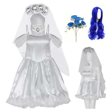 Imagem de Kaziuoi Women Corpse Bride Emily Costume Wedding Dress with Veil Zombie Bride Halloween Cosplay Outfits (White + Wig, Medium)