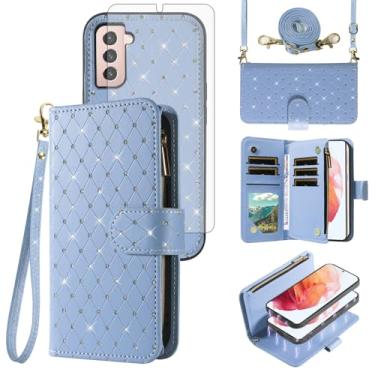 Imagem de Capa carteira compatível com Samsung Galaxy S21 5G 6,2 polegadas com zíper, protetor de tela para celular, alça transversal, com glitter, flip, porta-cartões, capa para celular para S 21 21S G5
