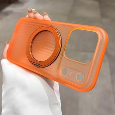 Imagem de SFDSUH Capa magnética translúcida listrada para iPhone 16 com suporte giratório de 360° em metal (para iPhone 16/laranja)