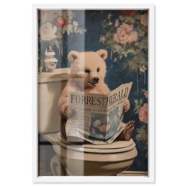 Imagem de Bear Cub in Garden Toilet Shadowbox Print Bathroom Wall Art por Art Remedy, moldura branca, 53 x 78 cm