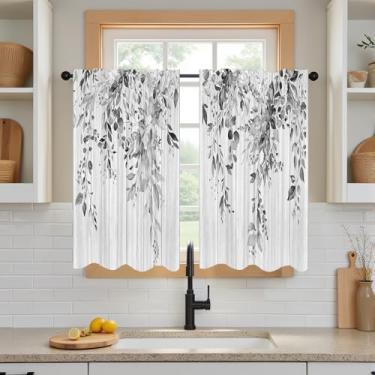 Imagem de DOTOOMA Cortinas de cozinha cinza de eucalipto 66 x 91 cm, folhas de casa de fazenda, preto, branco, de madeira, café, quarto, banheiro, lavanderia, decoração, camadas, 2 painéis, 2 painéis