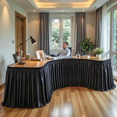 Imagem de Saia de mesa de cetim preta de 3,5 m com elastano brilhante para mesa retangular/redonda, saia plissada, sem rugas, toalha de mesa para cozinha doméstica, festa de aniversário, dormitório, decoração