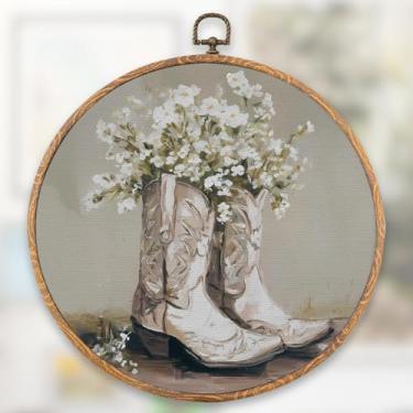 Imagem de XFN White Preppy Western Cowgirl Round Wall Art Decor, Vintage Flower Cowgirl Boots Wall Art Hanging Decor Prints, Perfeito para quarto de meninas adolescentes quarto sala de estar 25,4 x 25,4 cm