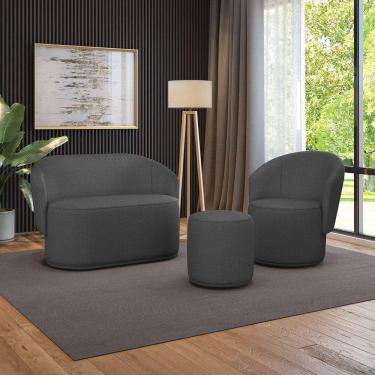 Imagem de Sofá Namoradeira Com Poltrona E Puff Orgânico Sala Malu Bouclê Grafite M11 - D`rossi