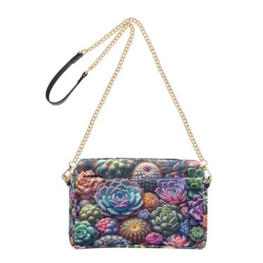 Imagem de Joitme Bolsa feminina transversal para celular, linda bolsa de ombro de couro PU, alça de corrente, plantas suculentas coloridas