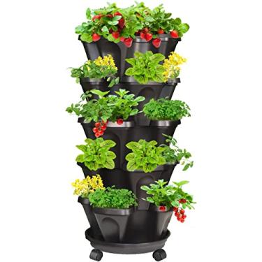 Imagem de Tectsia Plantador vertical de morango torre de jardim, plantador empilhável de 5 camadas, plantador de ervas para jardim com rodízios móveis e pires de fundo interno e externo - preto