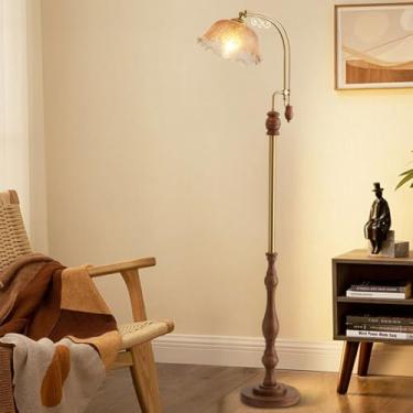 Imagem de Luminária de chão criativa com cúpula de vidro, luminária de chão decorativa clássica, luminária vertical de metal polido com base de madeira, luminária de leitura alta para ambientes intern