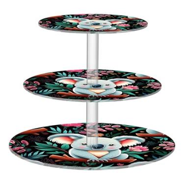 Imagem de Suporte de cupcake para festa de chá, 3 camadas, para exibição de torre de bolo, decoração de festa de chá, suporte de comida, flor, casamento, coalas, flores coloridas, folhas