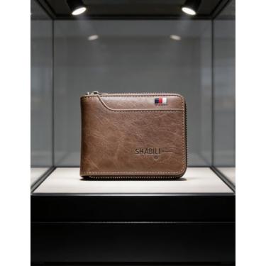 Imagem de Carteira curta masculina dobrável de couro, dobrável fina com bolsos para cartão (marrom escuro)