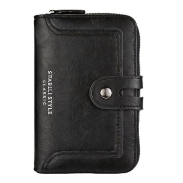 Imagem de Carteira masculina clássica preta de microfibra resistente à água, padrão xadrez, design curto clássico com alça, microfibra padrão xadrez e resistente à água