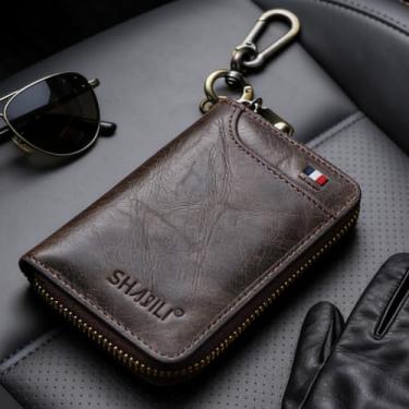 Imagem de Carteira masculina de couro curta com zíper, carteira robusta de couro cinza-escuro (cinza-acinzentado)