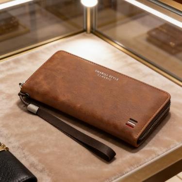 Imagem de Carteira masculina, carteira longa de couro casual com zíper único, vários compartimentos para cartão de crédito e bolso para telefone, organizador seguro de grande capacidade (cinza-acinzentado)