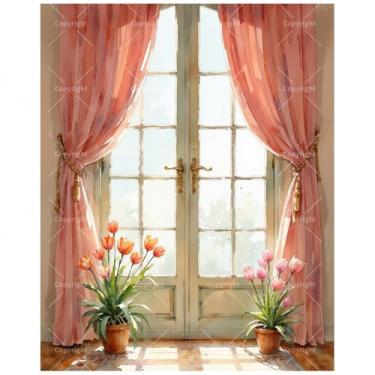Imagem de TAOPAOLAB Kit de pintura de janela francesa por números para adultos - DIY cortinas rosa e plantas de tulipa pintura em tela 40,6 x 50 cm, conjunto de tinta acrílica, adequado para iniciantes, arte