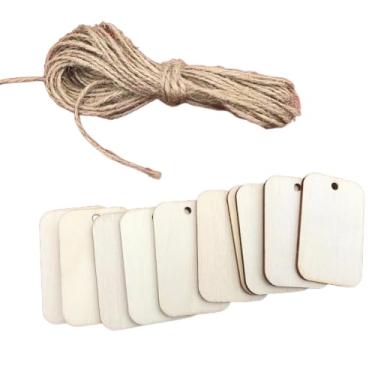 Imagem de 50 peças em forma retangular de madeira inacabada com fatias de corda de cânhamo etiquetas de madeira em branco rústicas com furos para lembrancinhas de festa, etiquetas de presente de casamento