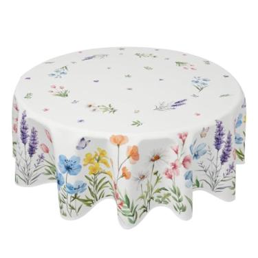 Imagem de Toalha de mesa floral de primavera redonda 177 cm, verde, rosa, azul, amarela, branca, flor, borboleta, verão, decorativa, toalha de mesa, casa de fazenda sazonal, para festa interna, cozinha, jantar