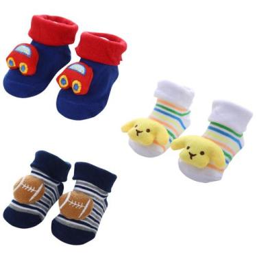 Imagem de 03 pares Meia Infantil Bebê Pantufa Antiderrapante 3D Menino - Kekeia 