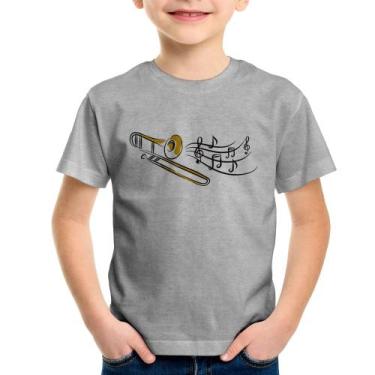 Imagem de Camiseta Infantil Trombone Notas Musicais - Foca na Moda, Cinza, 14