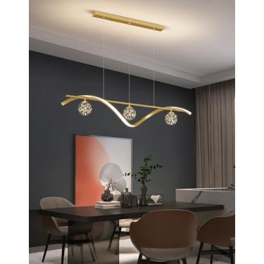 Imagem de Luminária pendente de LED em vidro, 100 cm, criativa, com intensidade de luz ajustável, em metal, estilo linear, ideal para mesa de jantar, escritório, restaurante e ilha de cozinha (dourada