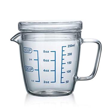 Imagem de OnePines Copo medidor de vidro de 250 ml com tampas e alça resistente ao calor jarro de medição de borossilicato para cozinha, copos de medição graduados redondos para leite e café, altura 10 cm